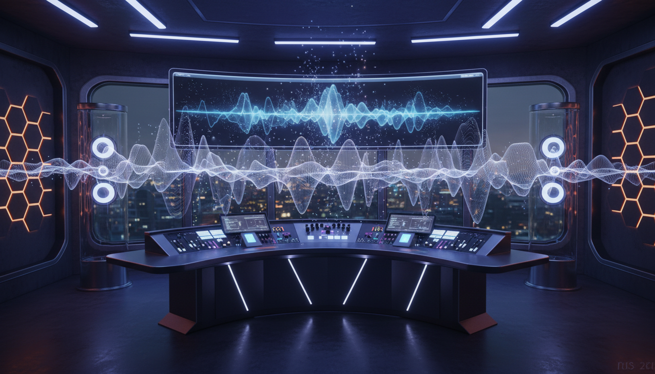 A professional futuristic sound engineering studio with glowing audio visualizers, high-end mixing consoles, and digital sound waves floating in the air, cinematic lighting, 8k resolution, hyper-realistic.