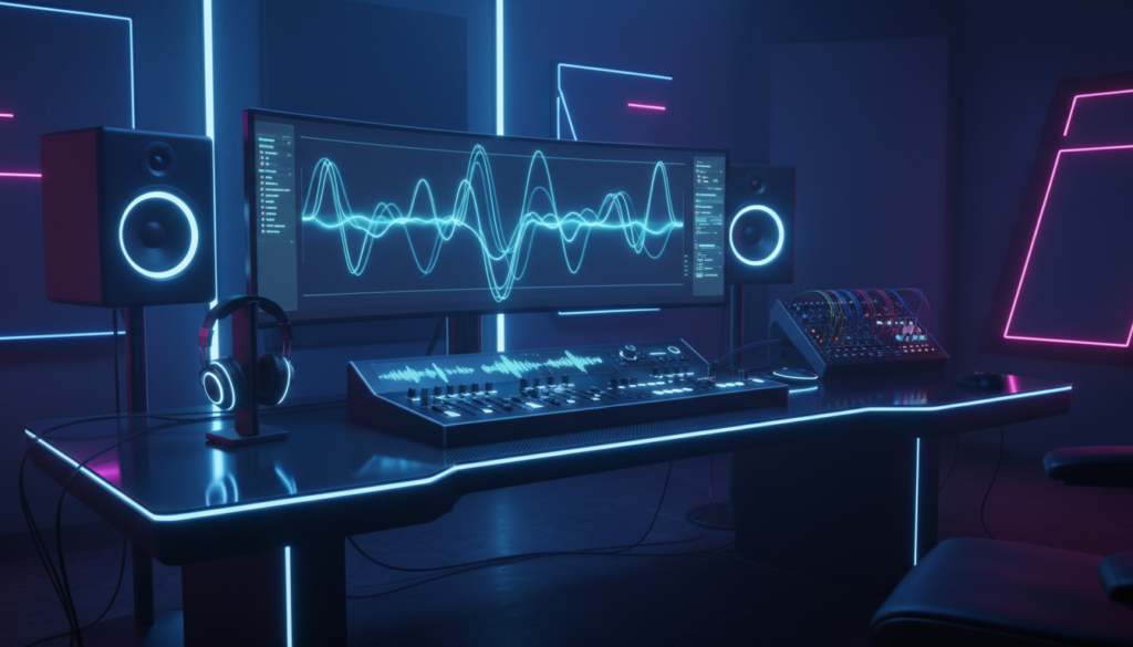 A sleek, modern digital workstation for audio engineering, featuring futuristic sound wave visualizations, a minimalist user interface on a high-resolution monitor, neon accents, and professional studio equipment, 4k, cinematic lighting.