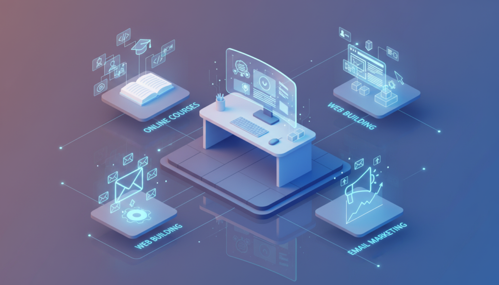 Professional 3D isometric illustration of a modern digital workspace featuring floating icons for online courses, web building, and email marketing, vibrant and inspiring atmosphere, high-quality rendering, clean tech aesthetic.