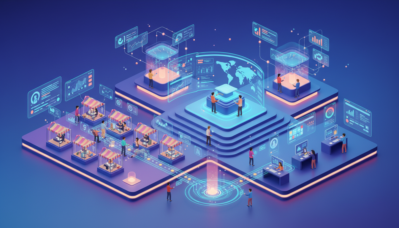 A professional and modern digital workspace representing innovation in online education and digital entrepreneurship, vibrant marketplace atmosphere with glowing data nodes and sleek UI elements, 3D isometric illustration, bright and inspiring color palette, high resolution, photorealistic lighting.