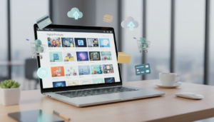 Professional and modern 3D render of a digital storefront interface displayed on a sleek laptop screen, surrounded by creative floating icons like digital files and shopping carts, set on a bright minimalist workspace with soft lighting, 8k resolution, clean aesthetic.