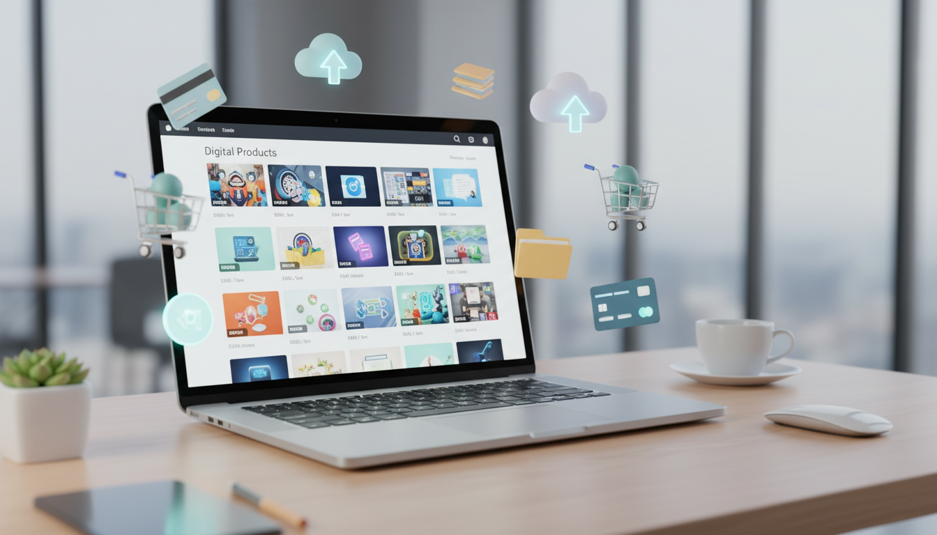 Professional and modern 3D render of a digital storefront interface displayed on a sleek laptop screen, surrounded by creative floating icons like digital files and shopping carts, set on a bright minimalist workspace with soft lighting, 8k resolution, clean aesthetic.