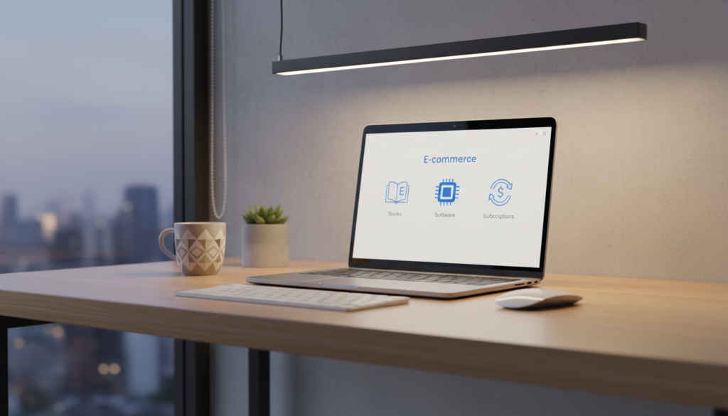 A professional and modern workspace of a digital creator. A sleek laptop on a clean desk displaying a minimalist e-commerce dashboard with icons representing ebooks, software, and subscriptions. Soft cinematic lighting, high-quality 3D render style, clean background, 4k resolution.