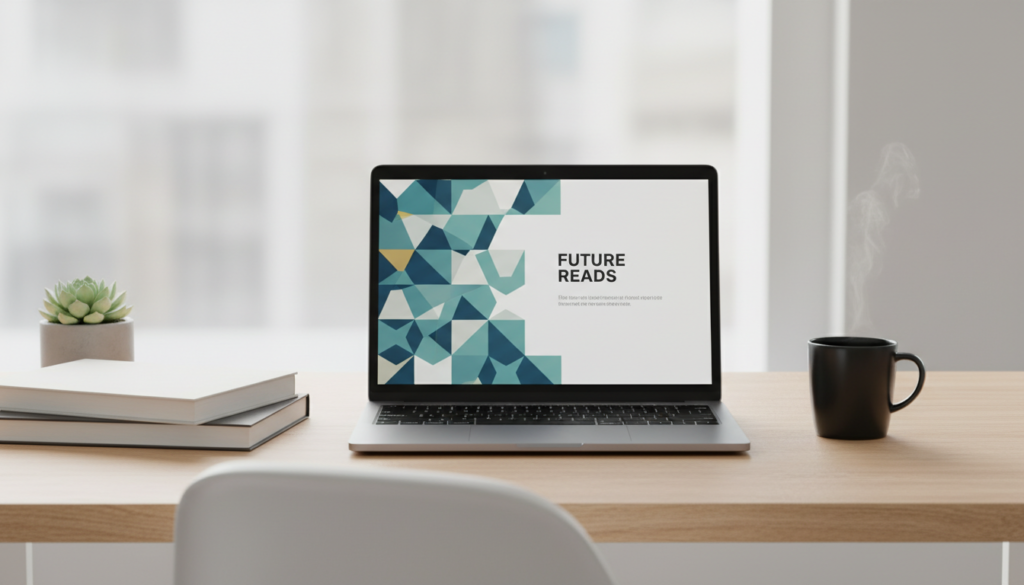 A professional and modern workspace with a sleek laptop displaying a digital ebook cover on the screen. Surrounded by a few minimalist physical books and a coffee cup. High-quality 3D render, photorealistic, soft lighting, clean desk setup, focused on digital publishing concept.