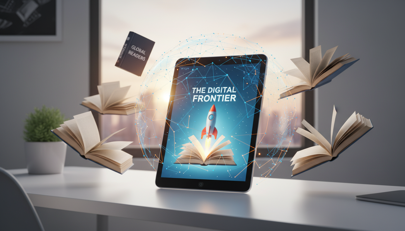 A professional 3D illustration of a modern digital tablet displaying a book cover, surrounded by glowing global connection lines and floating hardcover books, representing Amazon Kindle Direct Publishing. High quality, soft cinematic lighting, minimalist workspace background.