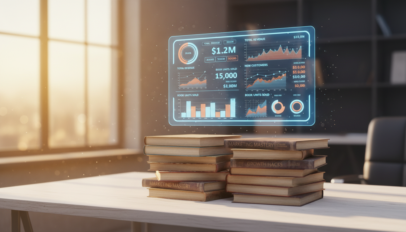 A professional 3D render of a digital dashboard with sales analytics floating above a stack of physical paperback books on a clean desk, warm lighting, cinematic depth of field.