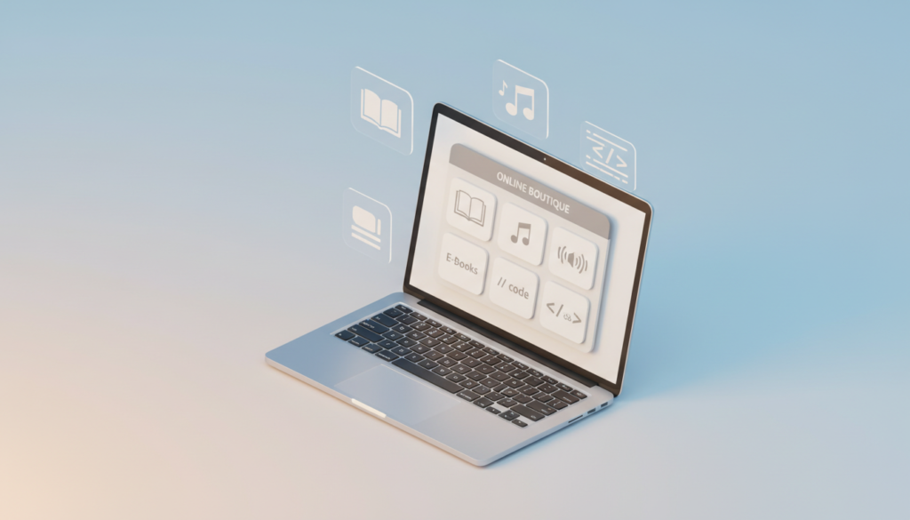 A clean and professional 3D isometric illustration of a digital storefront on a sleek laptop screen. Floating icons around the laptop representing e-books, music notes, and software code. Bright, modern colors with a soft gradient background. Minimalist aesthetic, high resolution, soft studio lighting, representing digital entrepreneurship and easy online sales.