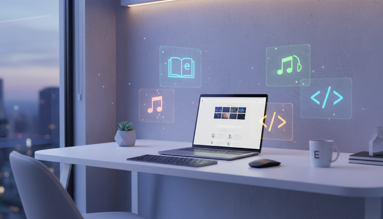 A professional and modern digital e-commerce workspace, featuring a sleek laptop displaying a clean user interface, floating icons of e-books, music notes, and software code, vibrant colors, minimalist aesthetic, high resolution, 4k, cinematic lighting.