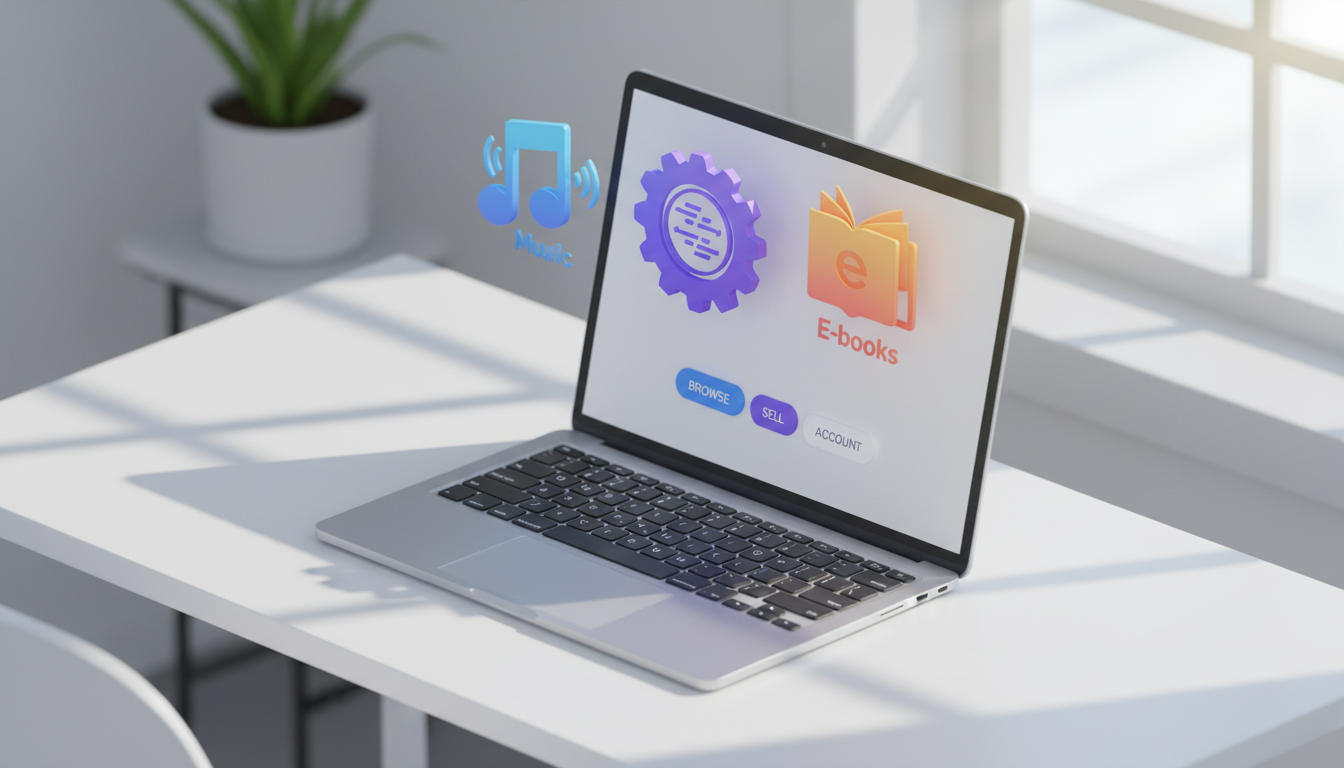 A professional 3D isometric illustration of a digital marketplace interface, showing icons for music, software, and e-books floating over a sleek laptop screen. Bright, modern color palette with soft lighting and a minimalist workspace background.