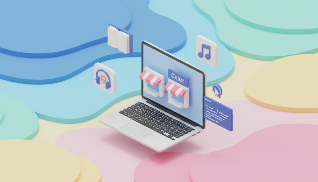 A high-quality 3D isometric illustration representing a digital marketplace for creators. Icons of ebooks, music notes, and software code floating around a sleek laptop screen. Bright, professional lighting, modern minimalist aesthetic, soft pastel colors, vibrant background, 4k resolution.