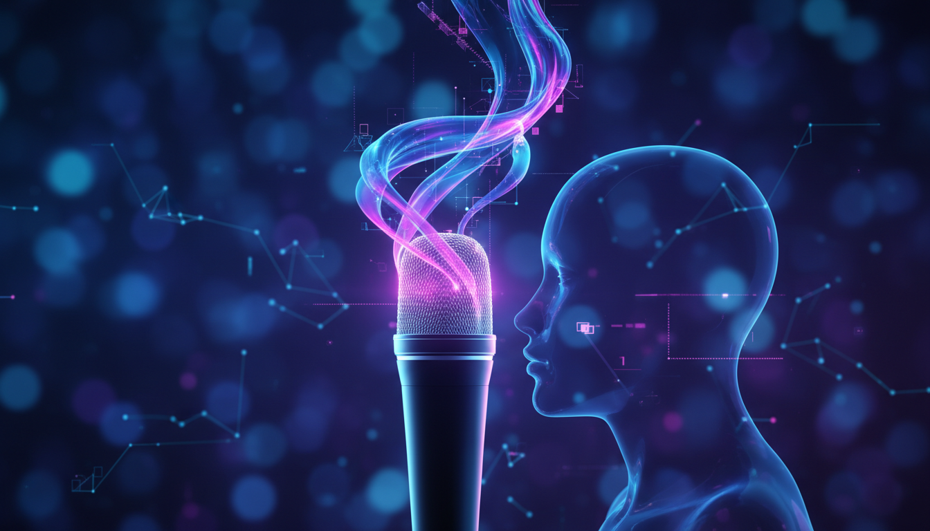 A professional digital art piece showcasing the concept of AI voice cloning. A sleek, futuristic microphone in the center with colorful, fluid sound waves morphing into a human profile silhouette. Soft bokeh background with subtle neural network patterns, high resolution, cinematic lighting, vibrant blue and purple tones.