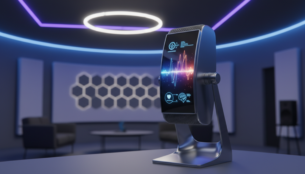 A high-tech studio microphone with a glowing digital wave interface representing human emotions and artificial intelligence, minimalist and futuristic studio background, cinematic lighting, 8k resolution, professional aesthetic.