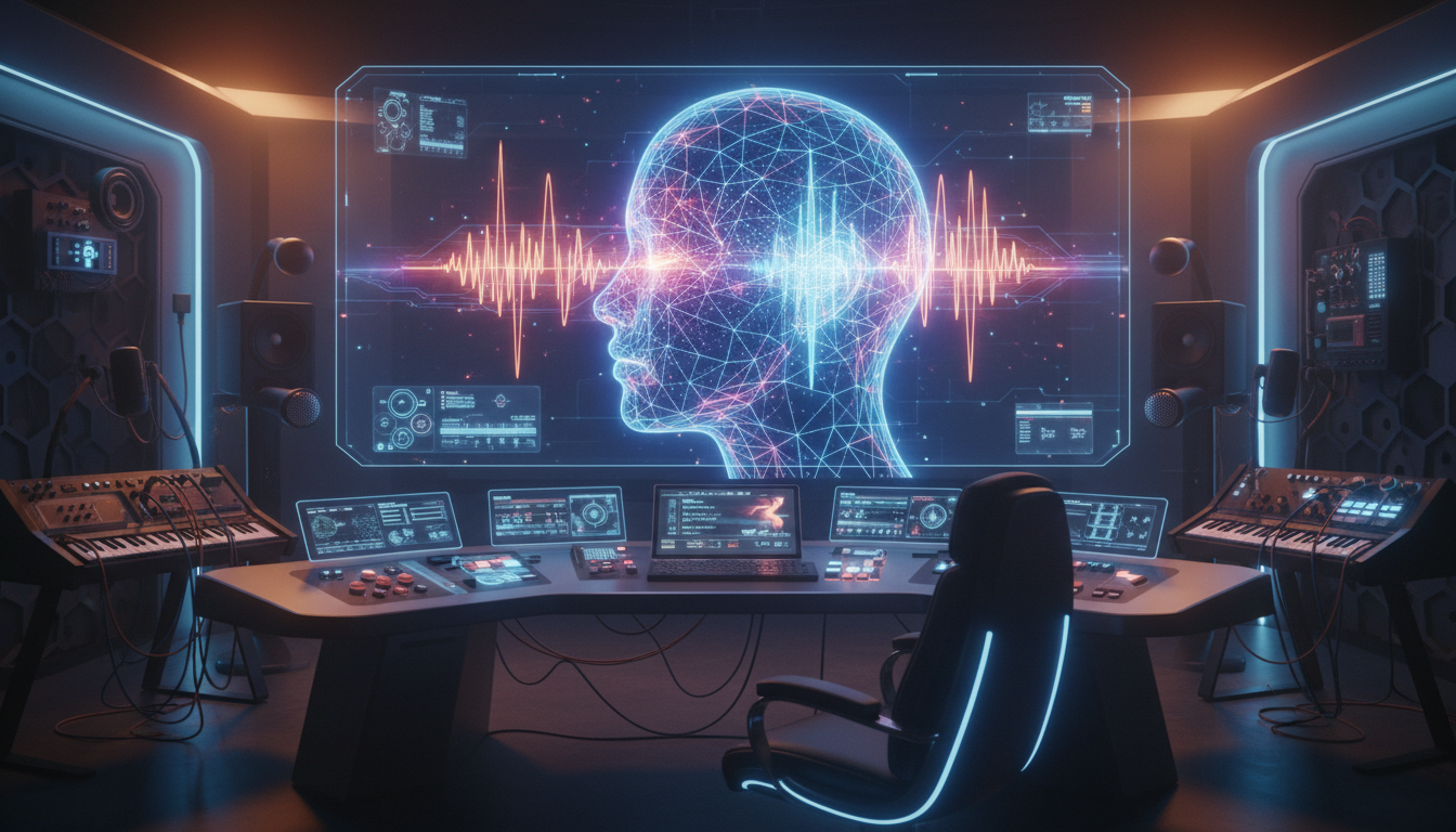 A high-tech digital interface displaying vibrant sound waves that morph into a human facial profile, set in a futuristic recording studio with soft cinematic lighting and modern equipment, 8k resolution, professional aesthetic.