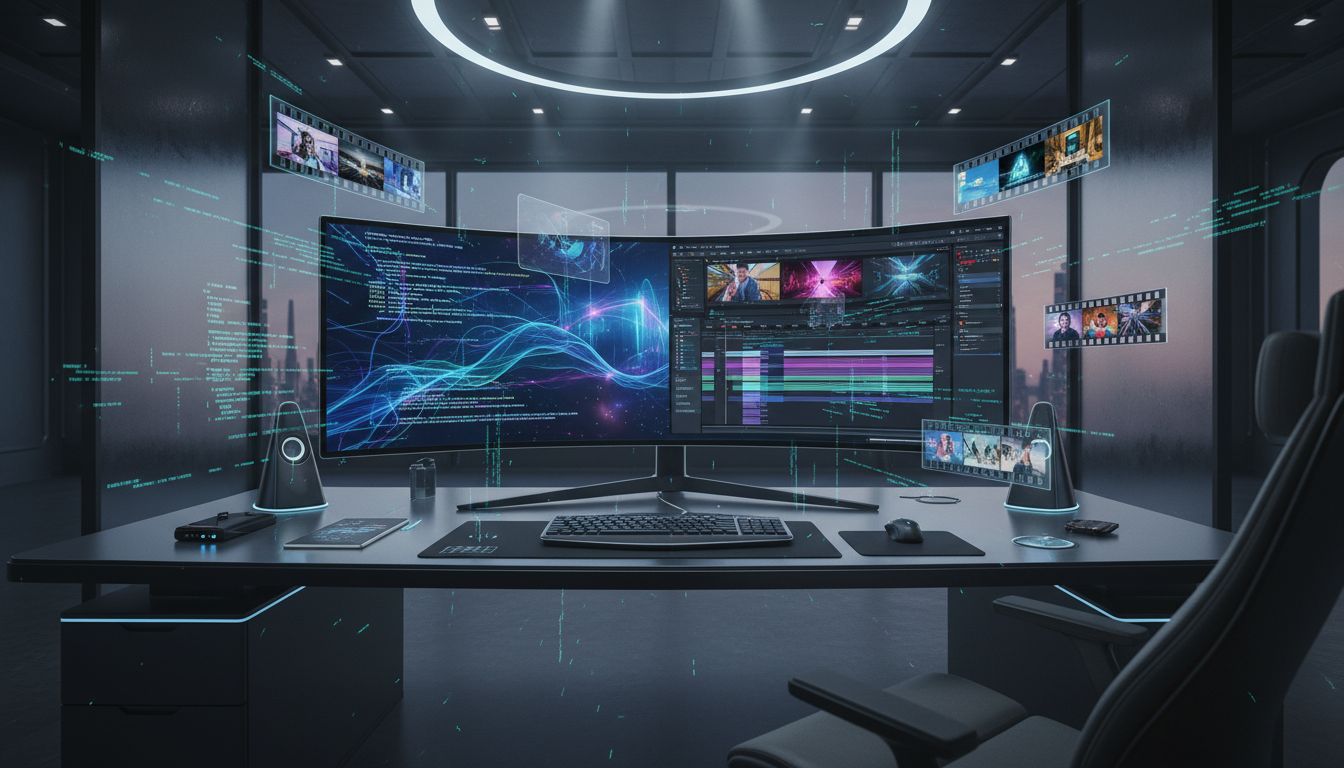 A professional digital workspace featuring a computer screen displaying a fusion of code and a video editing timeline. Floating digital film strips, abstract code snippets, futuristic UI elements, cinematic lighting, 8k resolution, sleek and modern tech aesthetic.