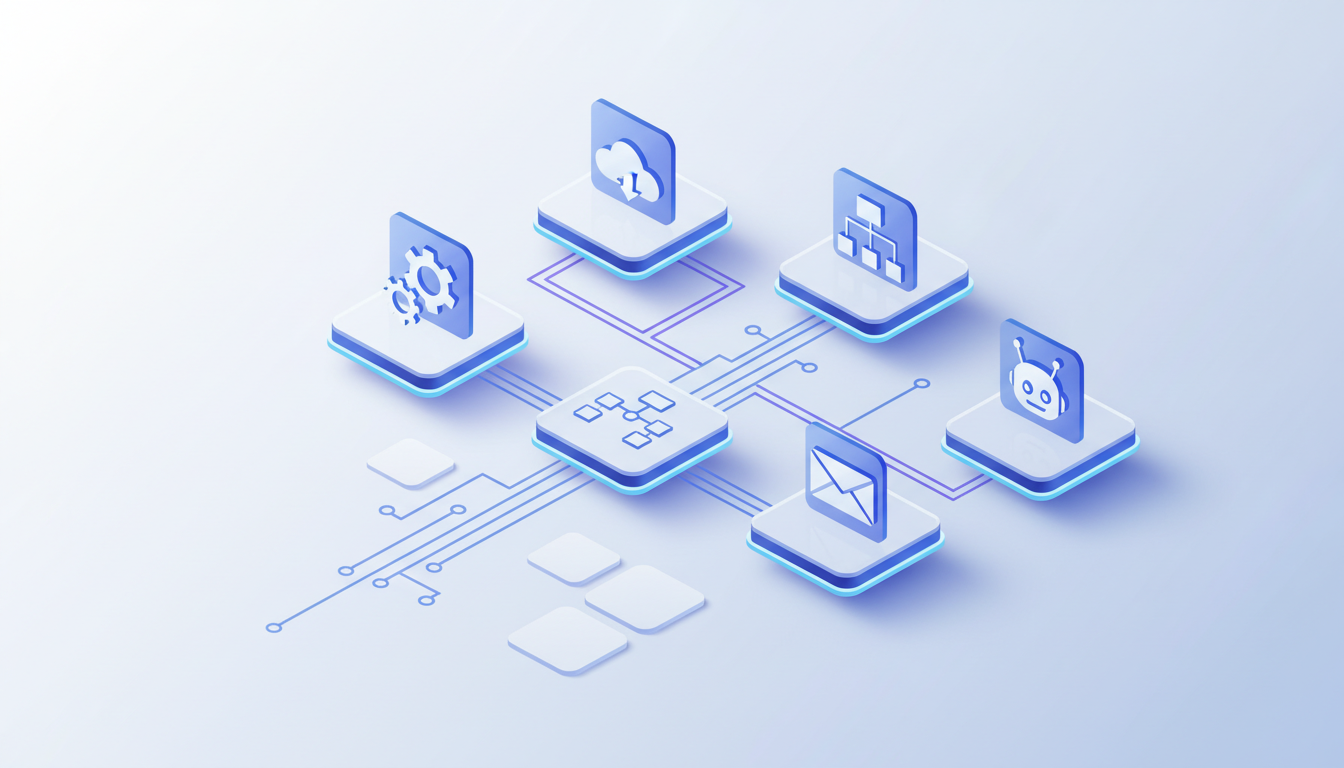 Professional 3D isometric illustration of digital workflow automation, glowing lines connecting various application icons in a futuristic tech environment, clean minimalist background, productivity concept, high resolution, 8k.