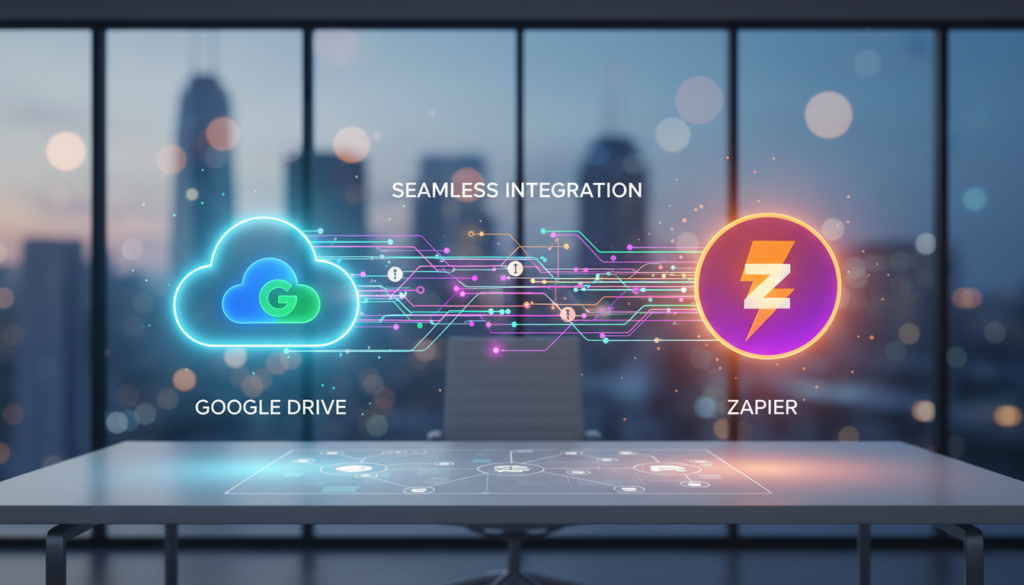 A professional and high-tech digital illustration showcasing the integration of Google Drive and Zapier. The scene features glowing 3D icons of cloud storage and automation tools connected by vibrant data streams. Set in a modern, minimalist office environment with soft bokeh background lighting, emphasizing seamless connectivity and productivity. 4k resolution, cinematic lighting, clean corporate aesthetic.