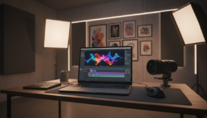 A professional cinematic workspace with a high-end laptop displaying video editing software, vibrant motion graphics on the screen, soft studio lighting, high-quality camera lens in the background, sleek and modern digital marketing aesthetic, 8k resolution.