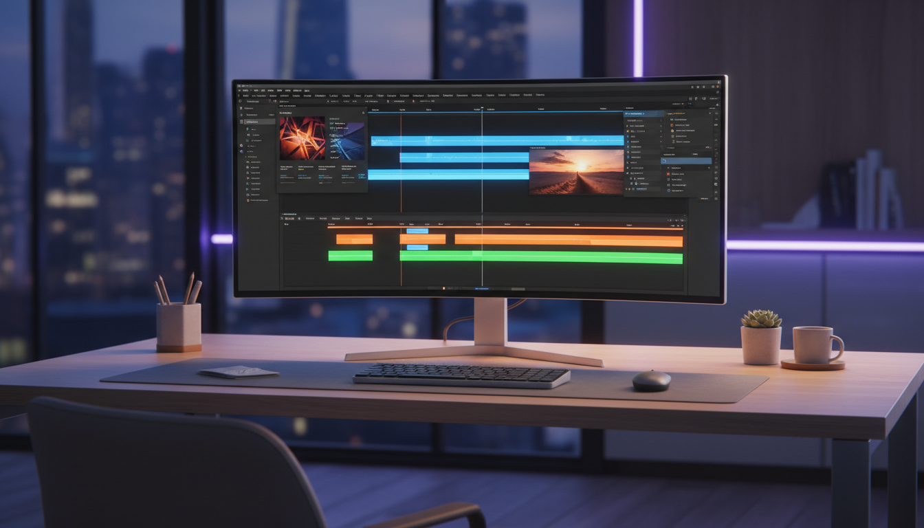 A professional and modern workspace featuring a high-end computer screen displaying a sleek video editing software interface with vibrant timelines and creative templates. Cinematic lighting, minimalist office desk, 8k resolution, photorealistic, digital creativity theme.
