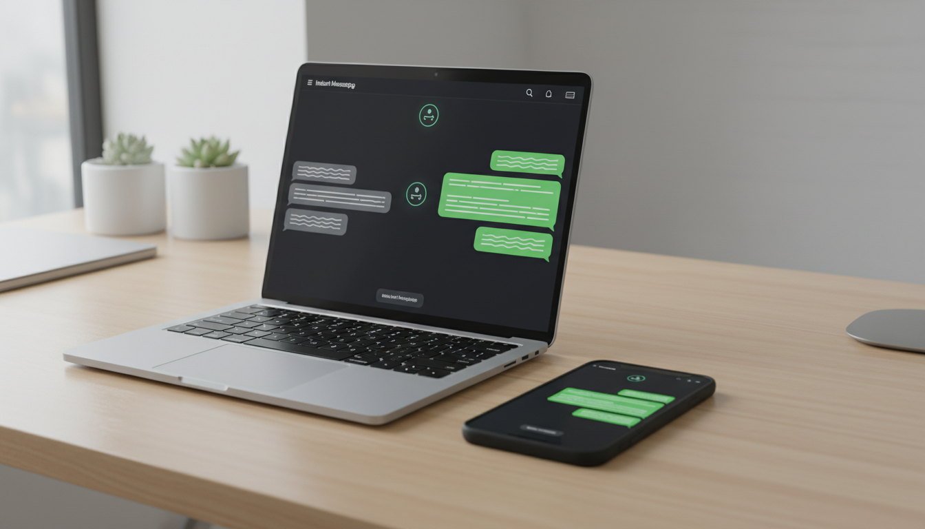 Görsel Promptu A professional and modern workspace setup featuring a sleek laptop and a smartphone side-by-side on a clean desk. Both screens show a synchronized instant messaging interface with green chat bubbles, symbolizing connectivity and seamless communication. Soft cinematic lighting, high resolution, minimalist aesthetic.