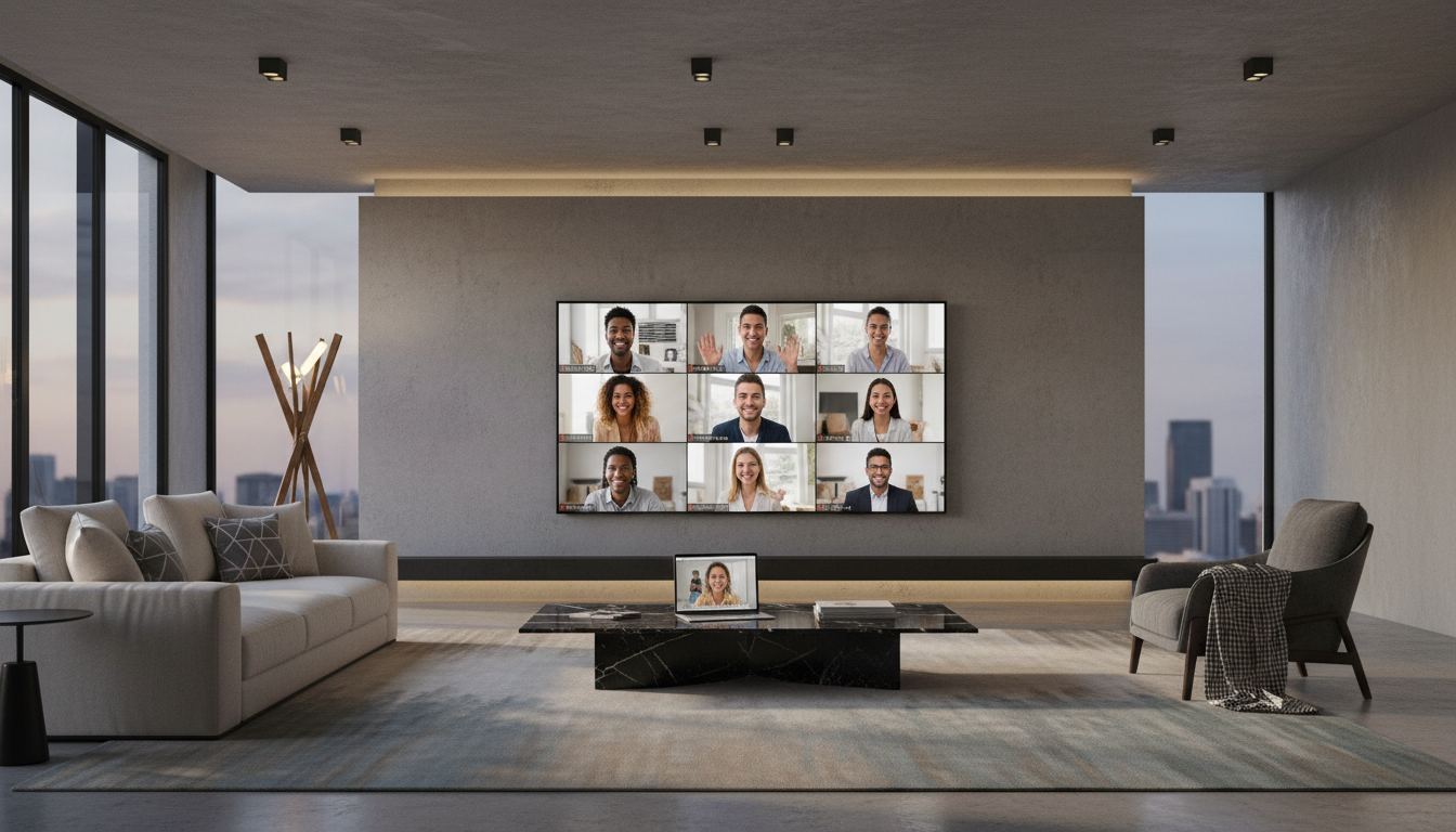 A modern living room setup featuring a large 4K flat-screen TV displaying a video conference call with multiple diverse participants. A sleek laptop sits on a coffee table in front of it. Warm, ambient lighting, high quality, professional photography style, 8k resolution.