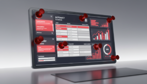 Görsel Promptu Professional 3D render of a digital dashboard with a Pinterest-themed interface, featuring stylized red push pins and an automated calendar schedule, glowing data analytics charts showing growth, vibrant red and white color palette, clean modern minimalist workspace, high resolution, cinematic lighting.