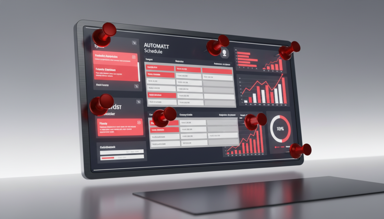 Görsel Promptu Professional 3D render of a digital dashboard with a Pinterest-themed interface, featuring stylized red push pins and an automated calendar schedule, glowing data analytics charts showing growth, vibrant red and white color palette, clean modern minimalist workspace, high resolution, cinematic lighting.