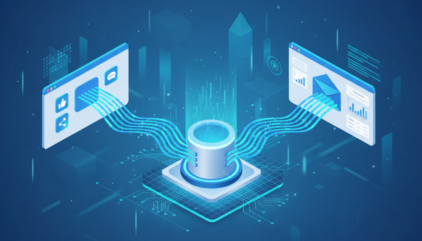 Görsel Promptu A professional 3D isometric illustration showing digital marketing automation. Glowing data streams representing leads flow from a social media interface into a streamlined email marketing dashboard. High-tech aesthetic, vibrant blue and teal lighting, clean modern design, 8k resolution.