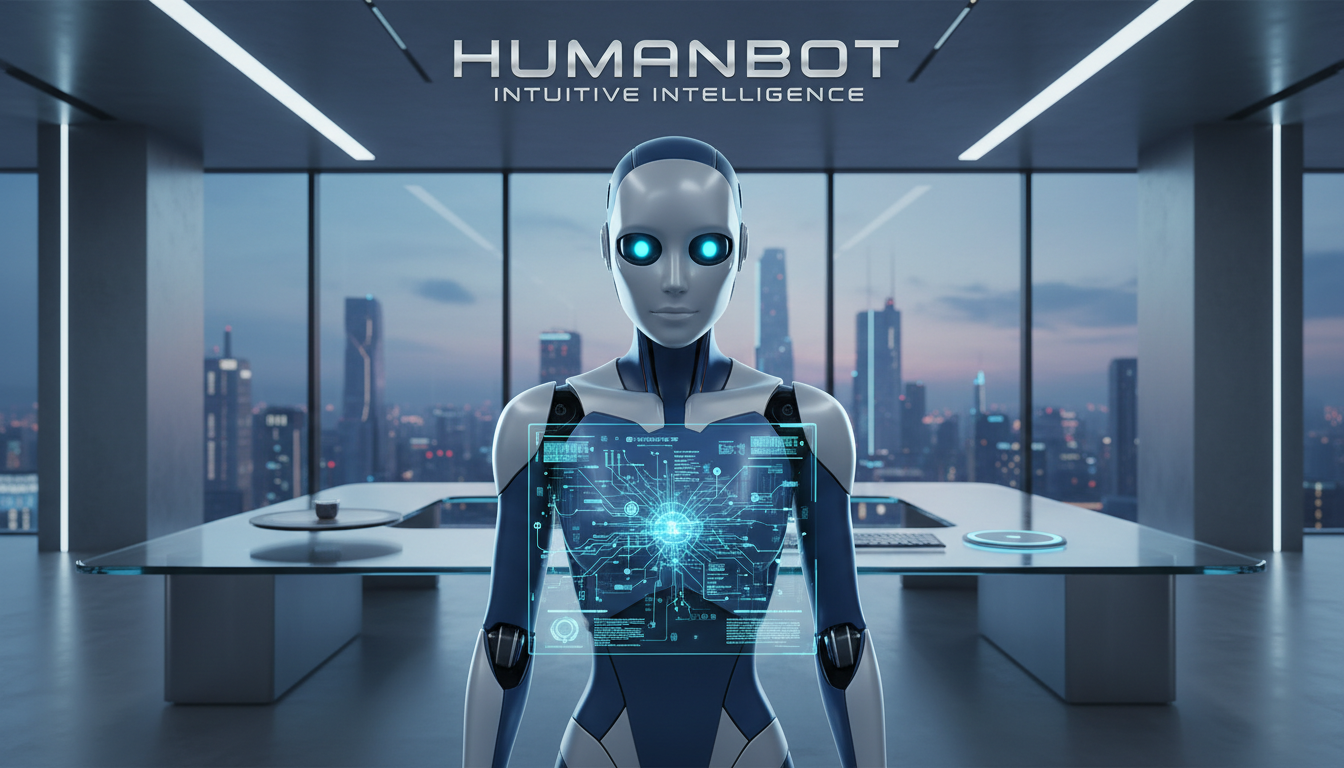 Görsel Promptu A professional and sleek digital cover art featuring a futuristic AI assistant named HumanBot. A glowing holographic interface displaying data synthesis and intuitive workflows. A modern, minimalist workspace background with soft blue and silver tones. High-tech, cinematic lighting, 8k resolution, photorealistic.