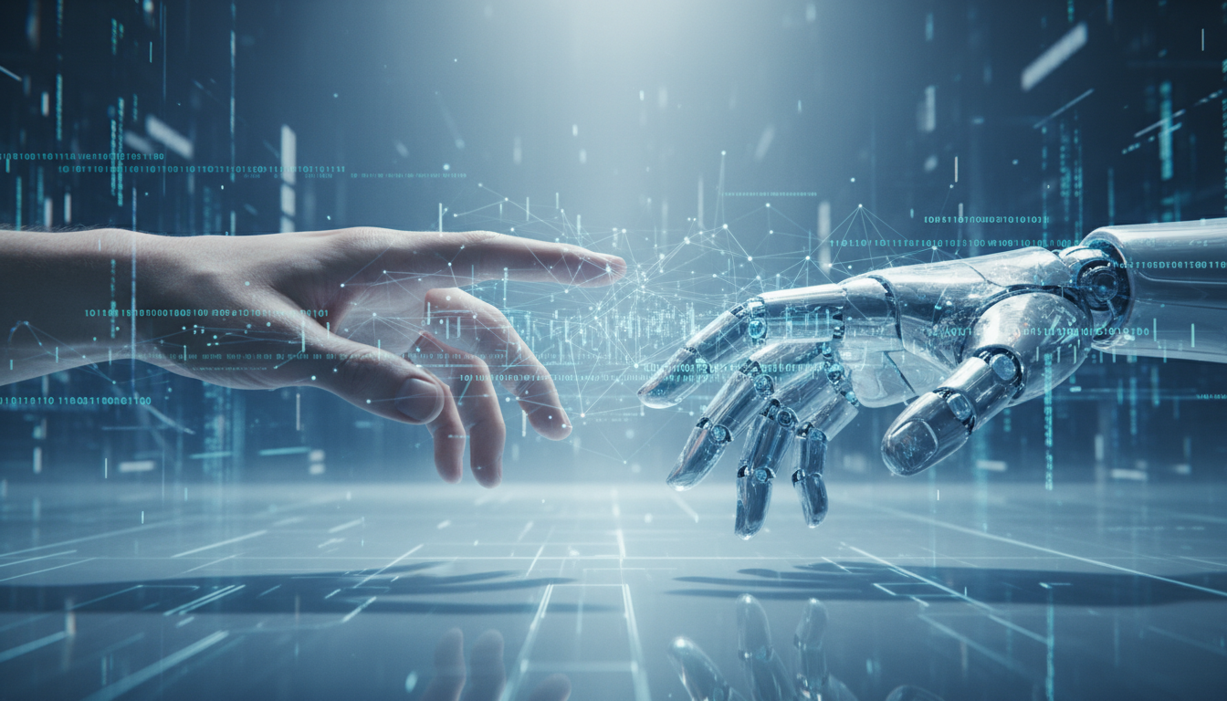 A professional and futuristic digital art piece depicting a human hand reaching out to touch a glowing, translucent robotic hand, connected by floating lines of code and neural network patterns, representing a seamless blend of human and machine communication, 4k resolution, soft cinematic lighting, blue and white color palette.