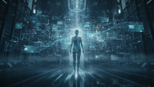 A cinematic, futuristic visualization of human-AI interaction. A human silhouette standing in front of a complex, glowing digital neural network or a holographic interface. Soft ethereal lighting, deep blues and glowing teals, symbolizing the blurred boundaries between human consciousness and artificial intelligence. High resolution, professional digital art style.