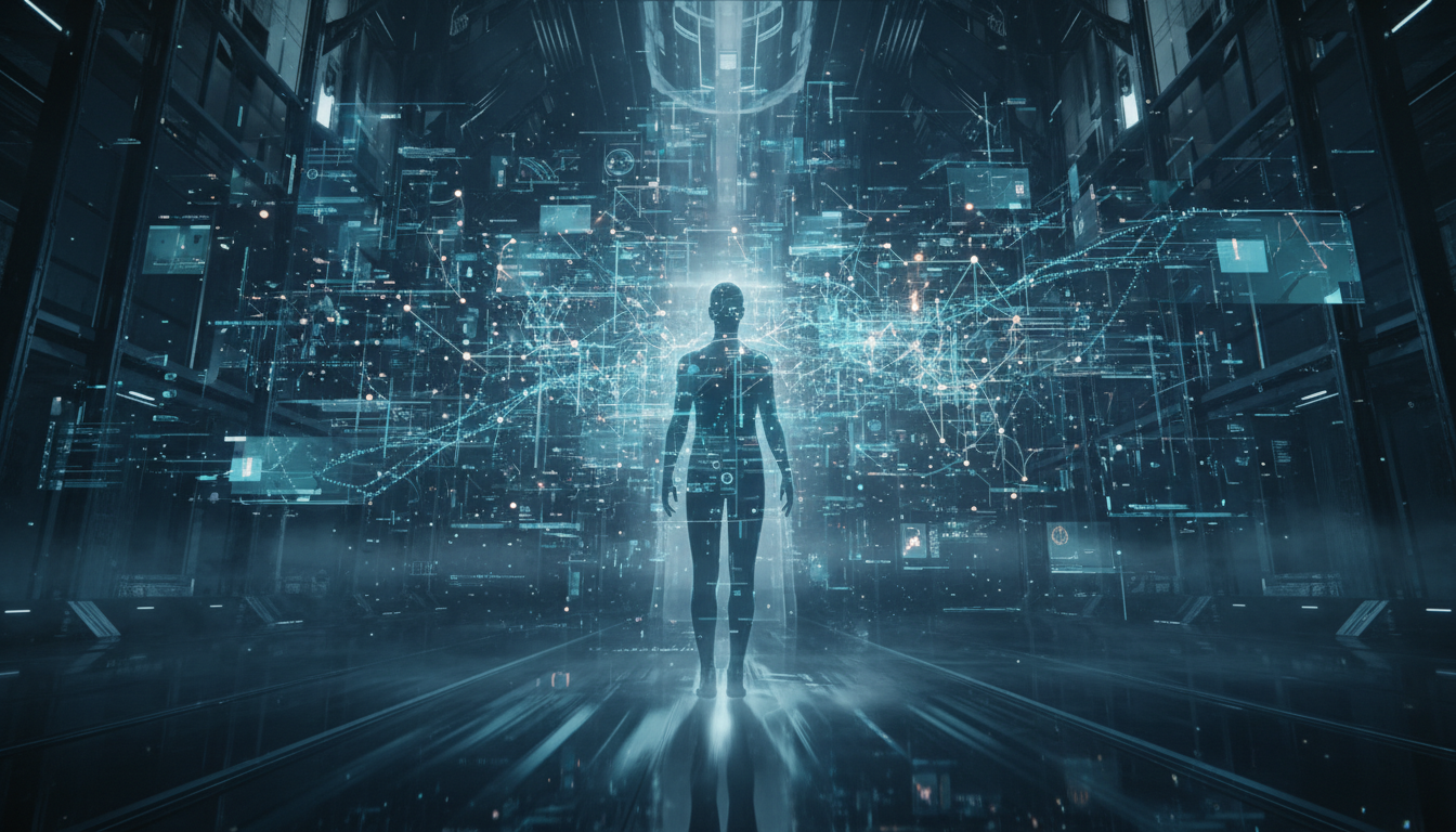 A cinematic, futuristic visualization of human-AI interaction. A human silhouette standing in front of a complex, glowing digital neural network or a holographic interface. Soft ethereal lighting, deep blues and glowing teals, symbolizing the blurred boundaries between human consciousness and artificial intelligence. High resolution, professional digital art style.