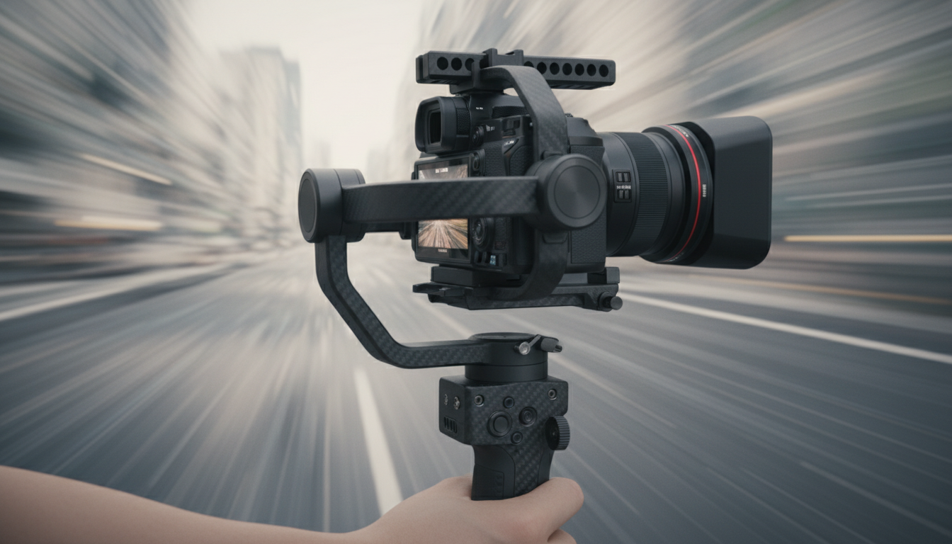 A professional handheld 3-axis gimbal stabilizer with a high-end mirrorless camera, smooth cinematic motion background, soft studio lighting, ultra-realistic, 8k resolution, sleek design.