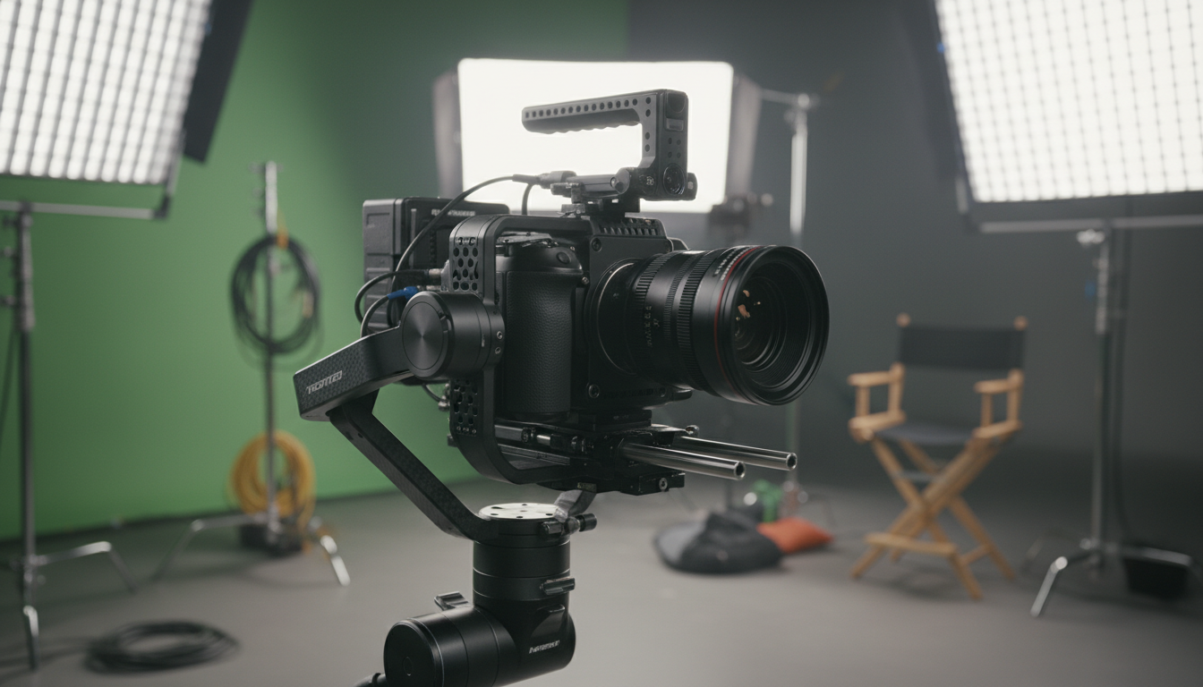 A professional cinematic camera mounted on a high-tech 3-axis electronic gimbal, sleek modern equipment, soft studio lighting, depth of field with a blurred film set background, 8k resolution, photorealistic