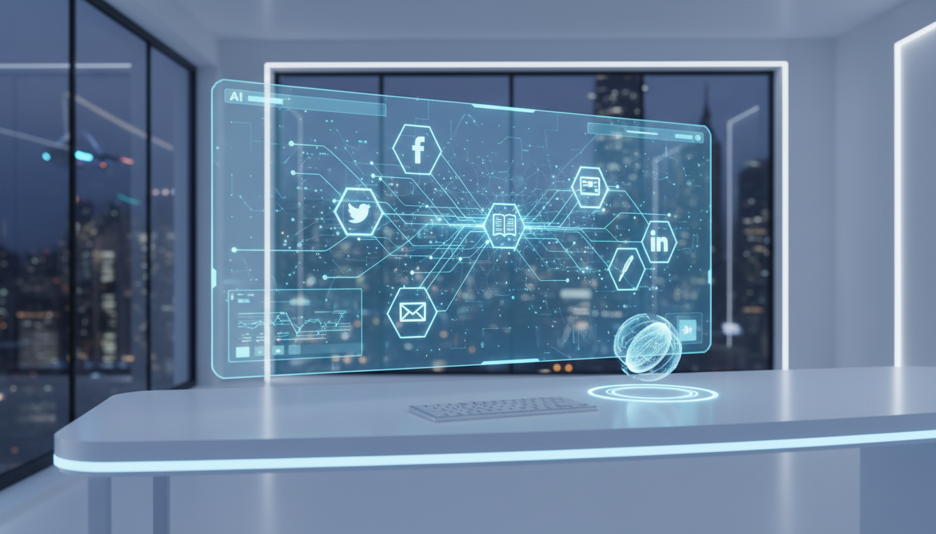 Görsel Promptu A modern and sleek digital workspace featuring a futuristic AI interface, glowing neural networks connecting icons of social media, blog posts, and emails, high-quality 3D render, minimalist aesthetic, vibrant blue and white tones, professional lighting.
