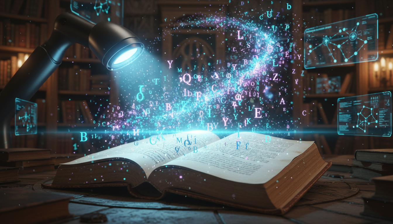 OCR'ın Büyülü Dünyası "Basılı Sayfaları Dijital Bilgiye Dönüştürün." Görsel Promptu A high-tech digital scanner beam scanning an open vintage book, where physical letters transform into glowing digital characters and binary data floating in the air, magical library atmosphere, cinematic lighting, futuristic technology, 8k resolution.