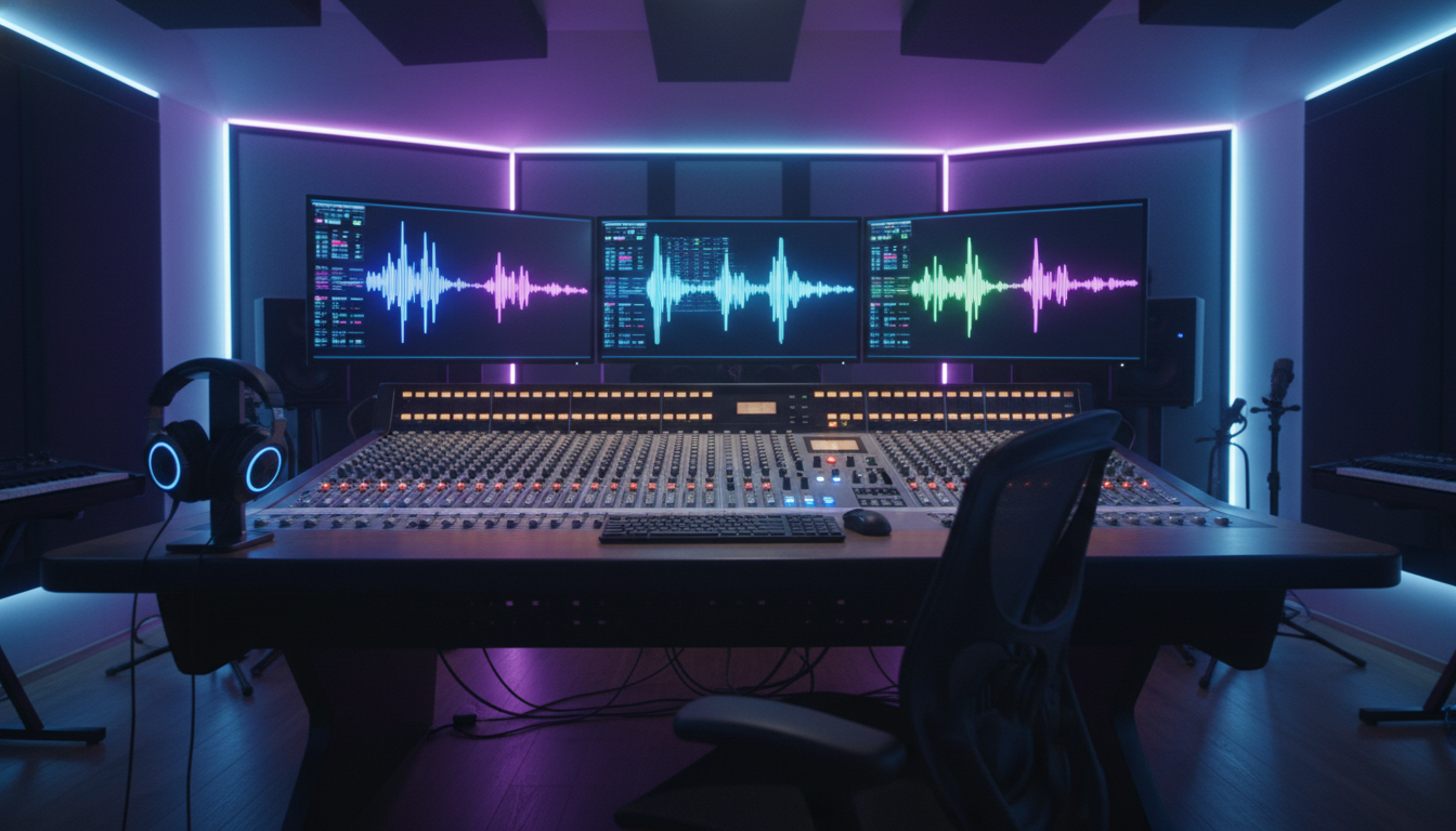 Adobe Audition ile Ses Sanatı "Sesin Sınırlarını Zorlayın, Yaratıcılığınızı Konuşturun." Görsel Promptu A professional recording studio setup with a high-end mixing console, digital audio waveforms glowing on multiple monitors, sleek modern studio headphones, cinematic lighting with neon blue and purple accents, photorealistic, 8k resolution.