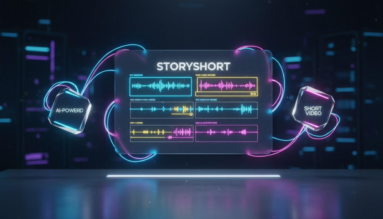 StoryShort: Profesyonel Video Kurguda Yeni Nesil "Yapay Zekanın Gücüyle Saniyeler İçinde Etkileyici Videolar Yaratın." Görsel Promptu A futuristic digital workspace scene focused on video creation, a high-tech desktop displaying a 'STORYSHORT' interface with colorful timelines, neon blue and magenta light trails pulsing from the screen, abstract 'AI-POWERED' and 'SHORT VIDEO' glass icons, minimalist dark studio background, cinematic lighting, 8k resolution, photorealistic render.