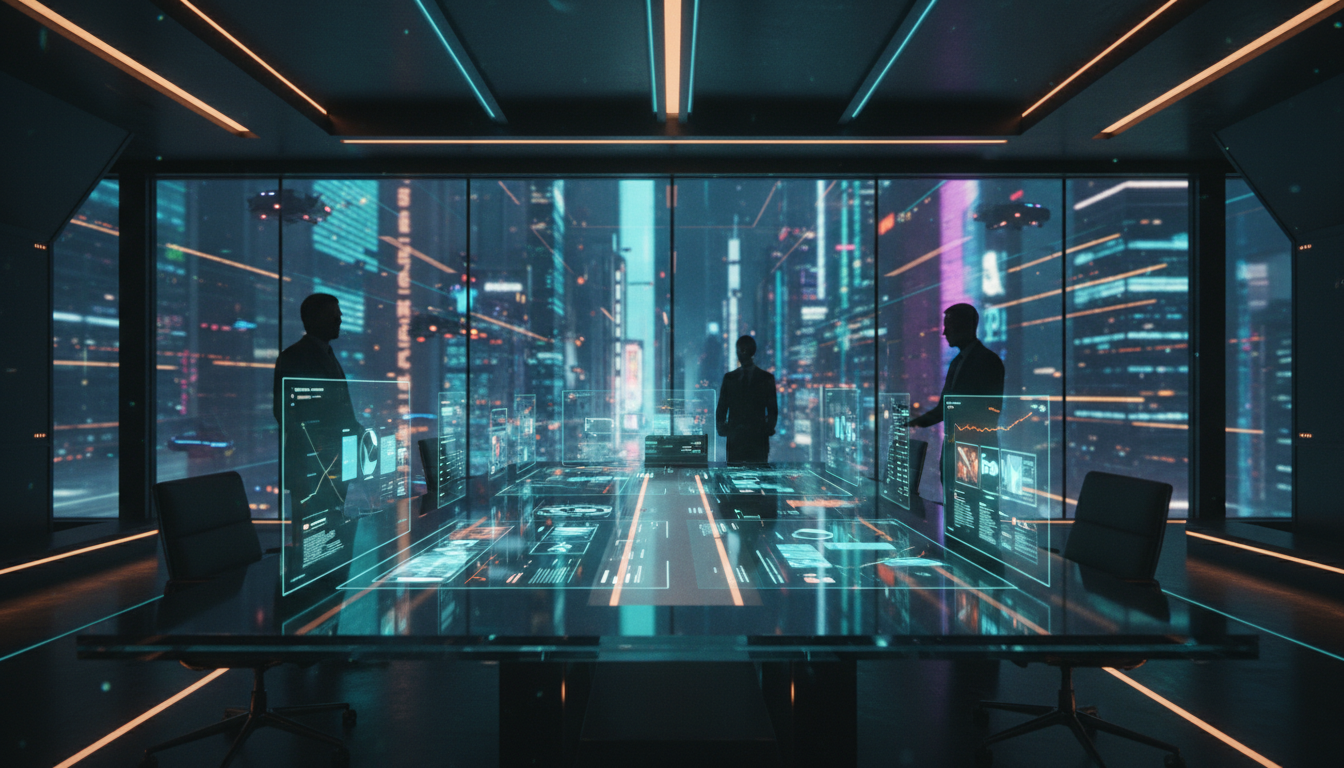 Dijital Pazarlamanın Geleceği "Veriyle şekillenen, video ile güçlenen geleceği keşfedin." Görsel Promptu Cinematic wide shot of a futuristic boardroom with holographic video marketing analytics, neon city background, professional silhouettes, teal and amber ambient lighting, photorealistic 8k resolution.