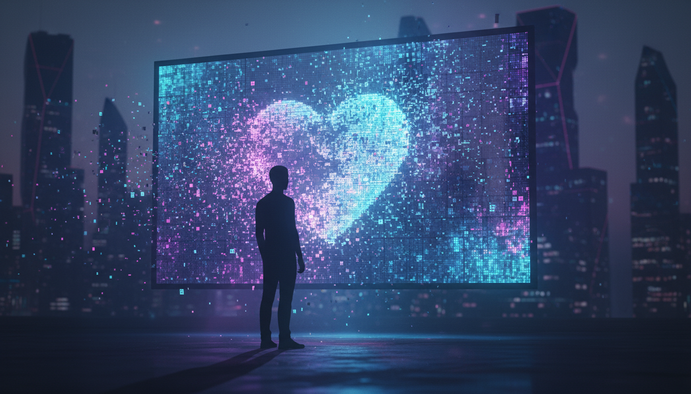 A conceptual artwork depicting a human silhouette facing a large glowing screen made of digital pixels, where a heart is breaking into data fragments, moody cinematic lighting, symbolizes the loss of emotional depth in technology, 8k resolution, photorealistic.