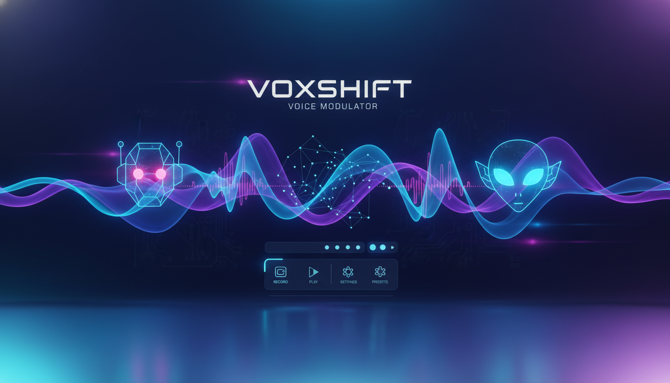 Voicelab 2.0: Sesin Geleceği "Hayalindeki Sesi Tasarla, Dünyayı Şaşırt!" A professional digital cover art for a voice modulation software featuring futuristic sound waves, neon blue and purple audio visualizations, holographic icons of a robot and an alien, sleek minimalist UI design, high-quality studio aesthetics, 8k resolution, cinematic lighting.