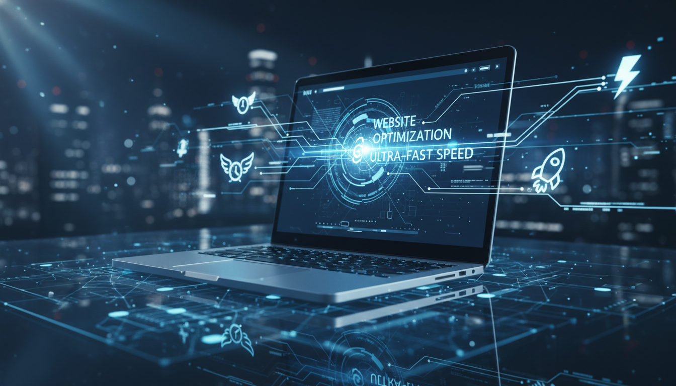 A professional high-tech visualization of website optimization and speed, featuring a sleek laptop with glowing light trails and fast-loading symbols, blue and white color palette, cinematic lighting, 8k resolution.