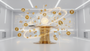 A futuristic, sleek digital machine or holographic interface glowing with golden light, surrounded by floating 3D coins and data streams, symbolizing automated wealth and AI-driven income, clean minimalist background, 8k resolution, professional tech aesthetic.