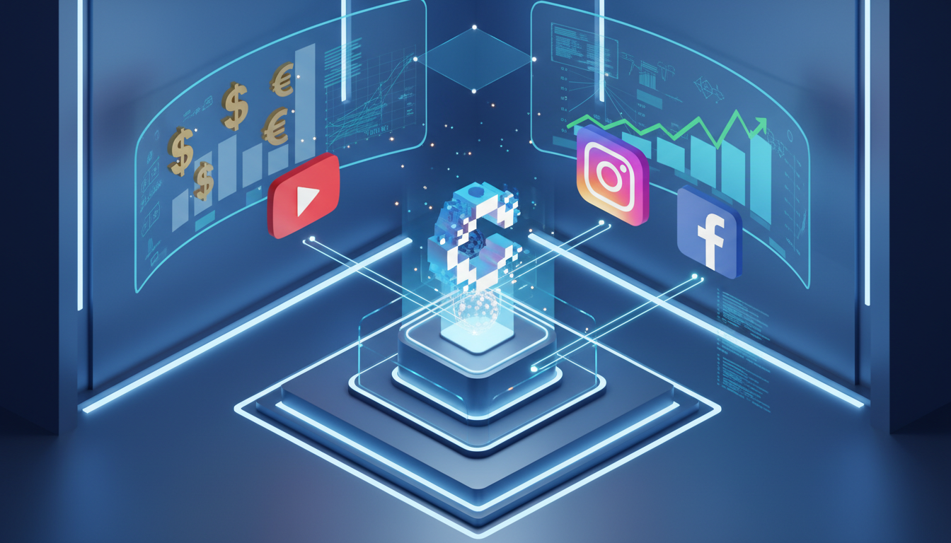 Professional 3D isometric illustration of a digital marketing command center. A central glowing digital content icon branching out to multiple social media platform logos like YouTube, Instagram, and Facebook. Rising currency symbols and success growth graphs in the background. High-quality 8k render, cinematic lighting, corporate blue and gold color palette, sleek modern aesthetic.