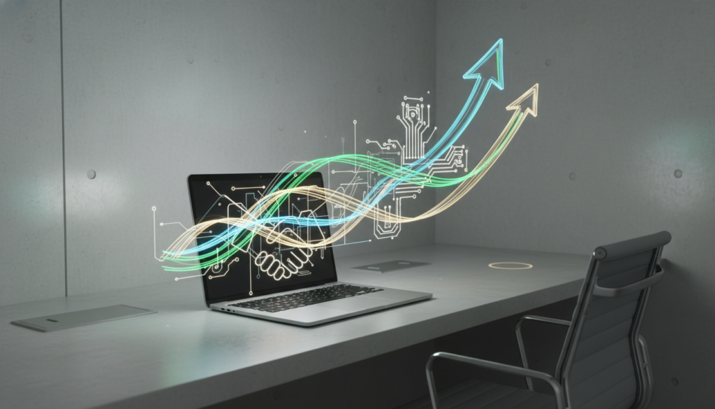 A professional and modern workspace featuring a high-end laptop and abstract glowing lines representing financial growth and ethical connections. Minimalist design, cinematic lighting, 8k resolution, symbolizing trust and authenticity in digital business.
