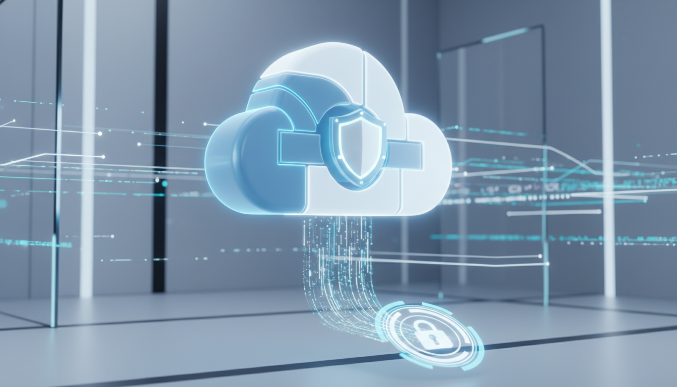 A sleek and modern 3D illustration of a digital cloud icon glowing with vibrant blue and white light, symbolizing cloud storage and data security. The background is a clean, minimalist tech-themed space with subtle data streams and a professional aesthetic, high resolution, cinematic lighting.