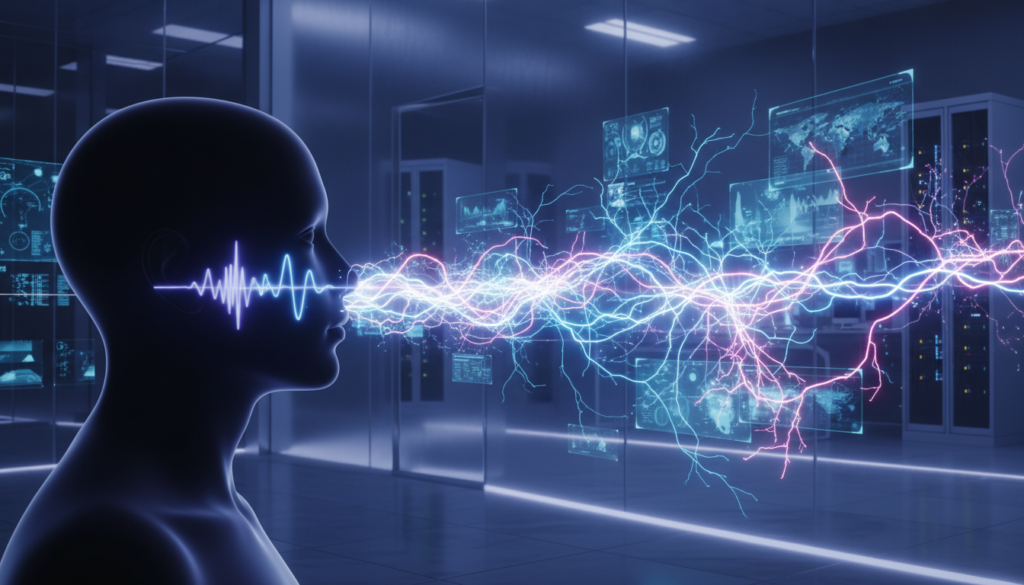 A professional cinematic visualization of voice cloning technology, featuring a human profile silhouette integrated with glowing digital sound waves and neon neural network patterns, high-tech laboratory aesthetic, soft blue and purple lighting, 8k resolution, photorealistic.