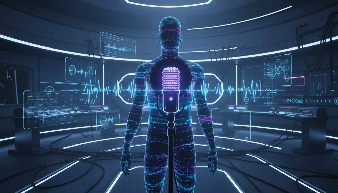 A professional cinematic shot of a human silhouette merged with glowing digital sound waves and a high-tech studio microphone, representing AI voice cloning technology, futuristic media production environment, soft blue and violet neon lighting, hyper-realistic, 8k resolution.