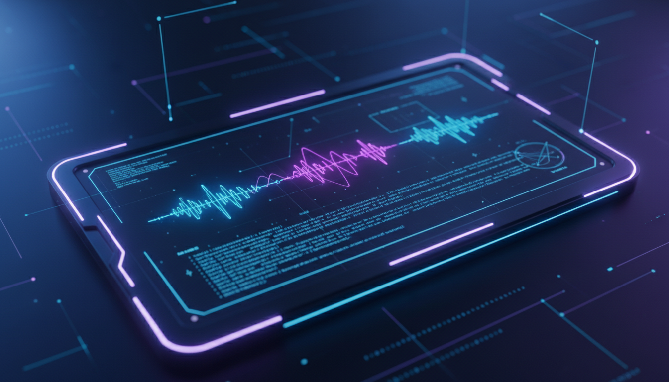 A professional 3D render of a futuristic digital dashboard showing audio waveforms and glowing API code strings, tech-inspired minimalist design with blue and purple lighting.