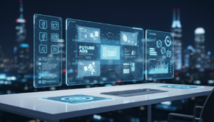 A sleek, professional digital workspace featuring holographic screens displaying AI-generated marketing content, social media icons, and data analytics graphs. High-tech, futuristic aesthetic with a clean blue and white color palette, 8k resolution, photorealistic style.