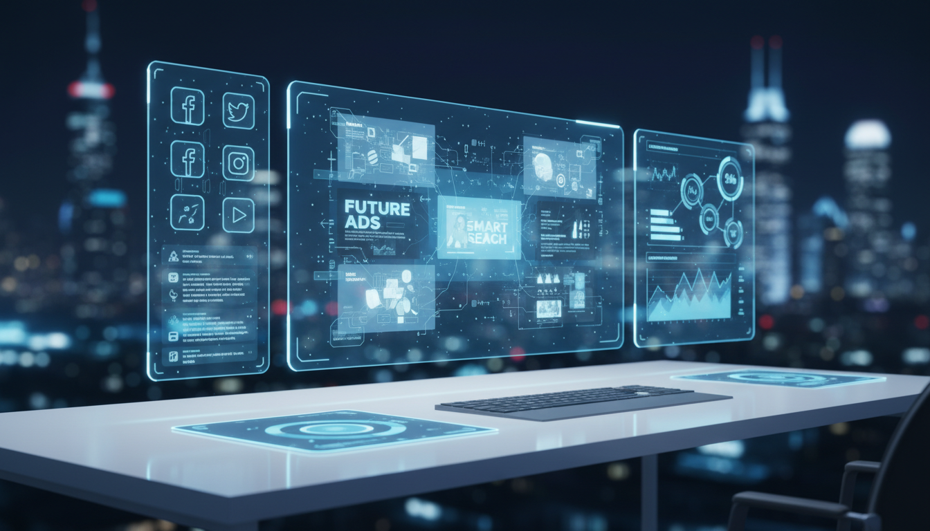 A sleek, professional digital workspace featuring holographic screens displaying AI-generated marketing content, social media icons, and data analytics graphs. High-tech, futuristic aesthetic with a clean blue and white color palette, 8k resolution, photorealistic style.